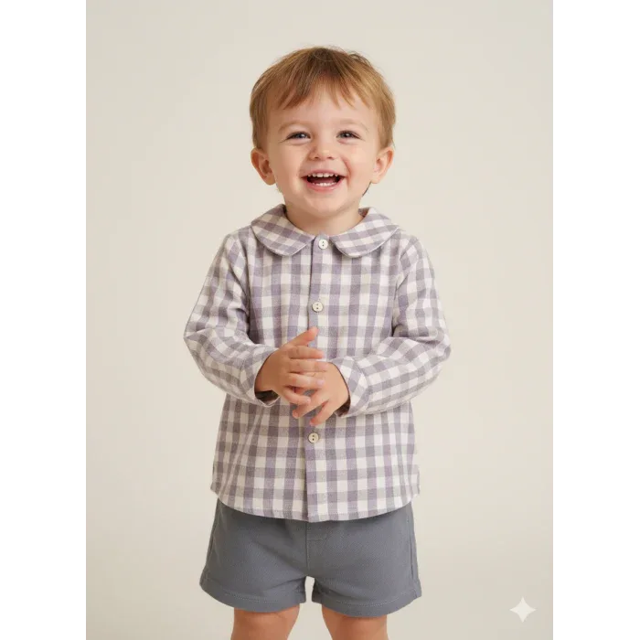 Conjunto camisa cuadros malva y short gris - PARDALETS