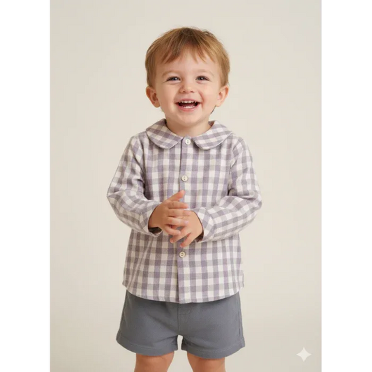 Conjunto camisa cuadros malva y short gris - PARDALETS