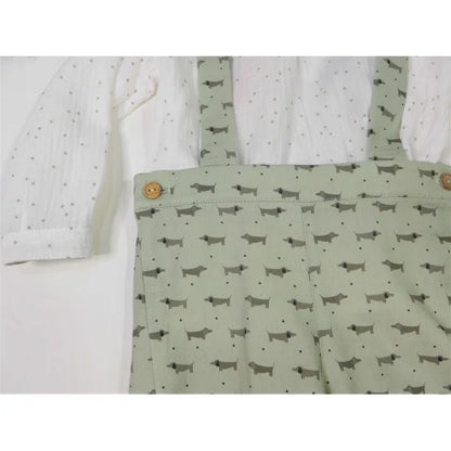 Conjunto camisa topito verde y short con tirantes verde - PARDALETS