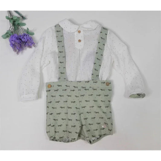 Conjunto camisa topito verde y short con tirantes verde - PARDALETS