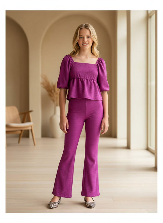 Conjunto buganvilla camisa lazada espalda y pantalón flare