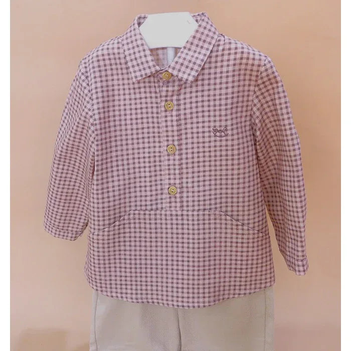 Conjunto niño camisa vichy y pantalon beig "Collage" - PARDALETS