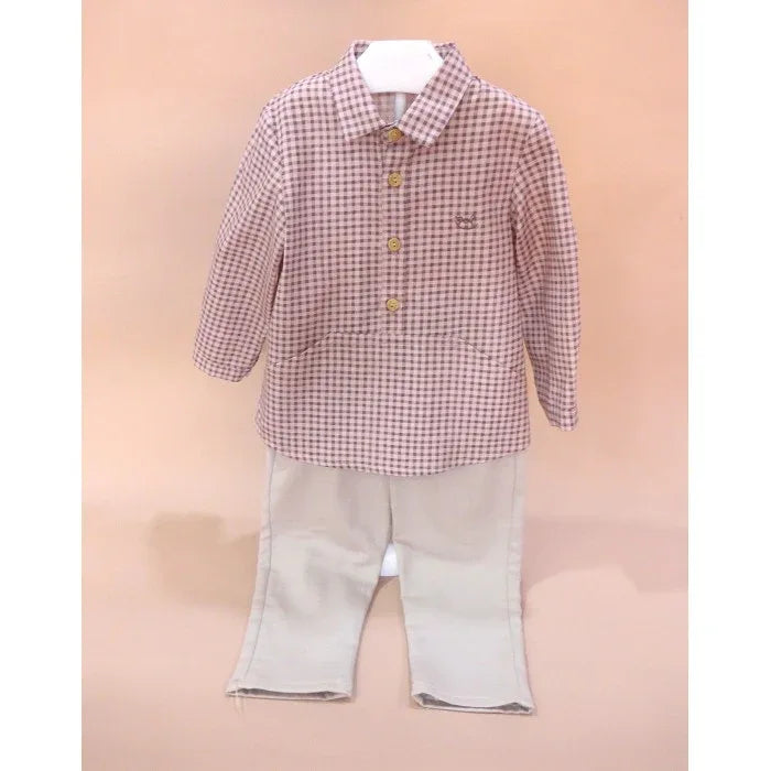 Conjunto niño camisa vichy y pantalon beig "Collage" - PARDALETS