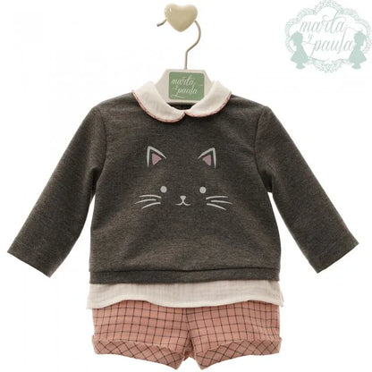 Conjunto sudadera gris cara gatito y short rosa "Paolo" - PARDALETS