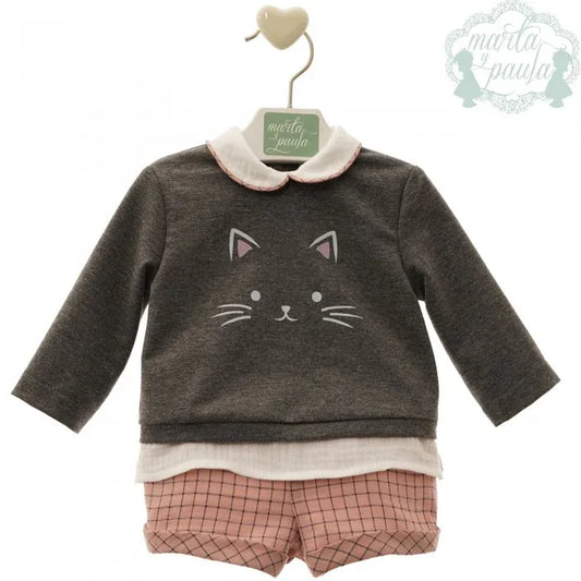Conjunto sudadera gris cara gatito y short rosa "Paolo" - PARDALETS
