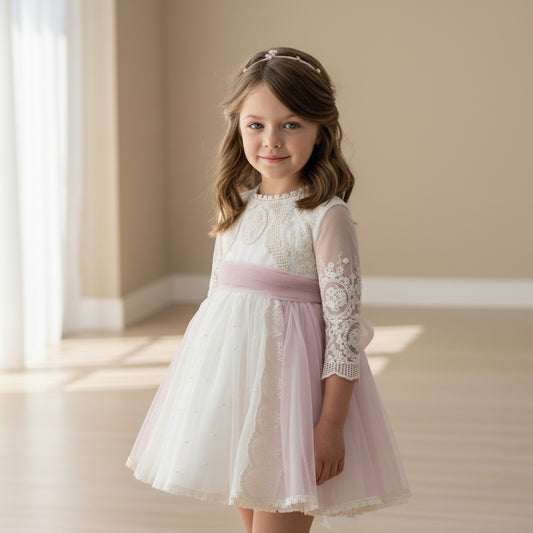 Vestido tul bordado beig manga francesa y falda tul rosa