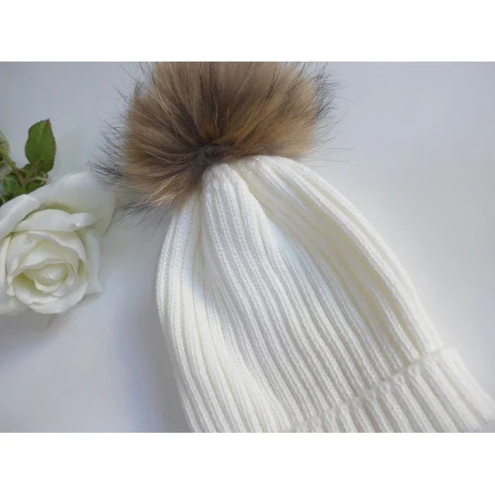Gorro canale beig pompon pelo natural - PARDALETS