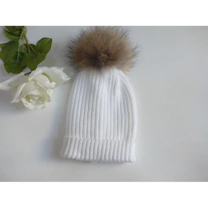 Gorro canale blanco pompon pelo natural - PARDALETS