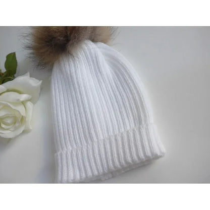 Gorro canale blanco pompon pelo natural - PARDALETS