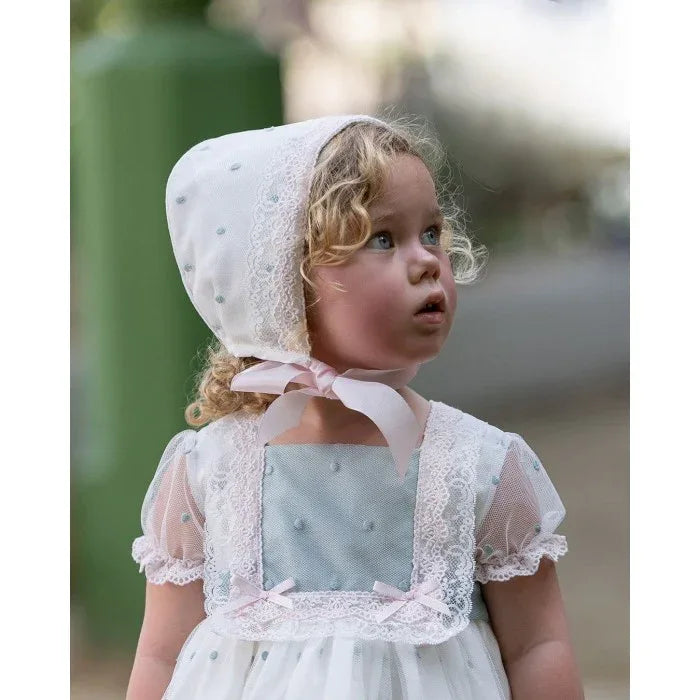 JESUSITO SIN CAPOTA TUL BORDADO VERDE Y PUNTILLAS ROSA - PARDALETS