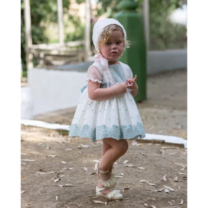 JESUSITO SIN CAPOTA TUL BORDADO VERDE Y PUNTILLAS ROSA - PARDALETS