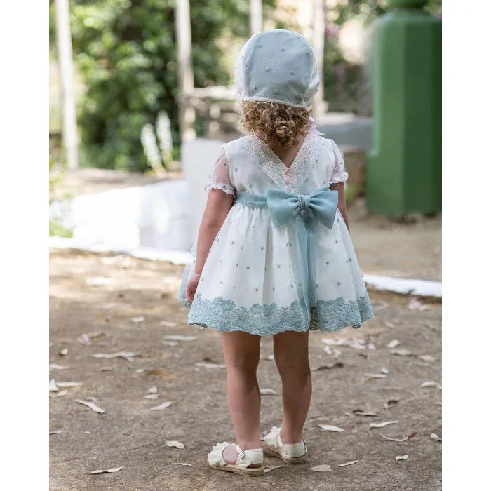 JESUSITO SIN CAPOTA TUL BORDADO VERDE Y PUNTILLAS ROSA - PARDALETS