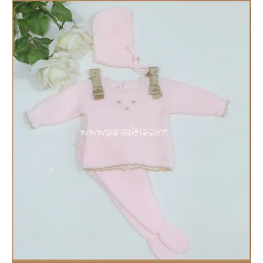 Jubon lana rosa con lazos camel, polaina y capota - PARDALETS