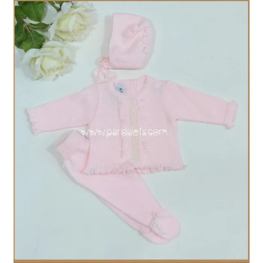 Jubon lana rosa con puntilla, polaina y capota con 2 pompones - PARDALETS