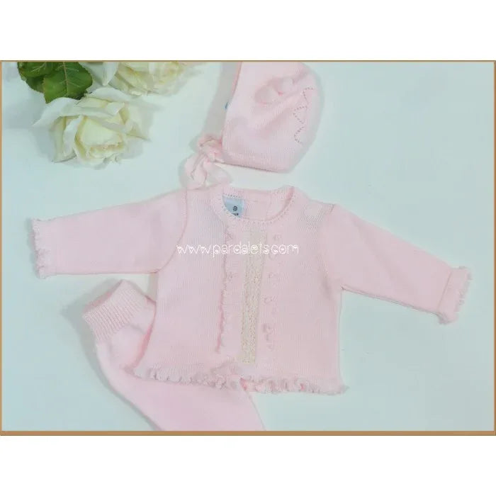 Jubon lana rosa con puntilla, polaina y capota con 2 pompones - PARDALETS
