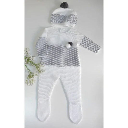 Jubon y polaina blanco y gris con gorrito - PARDALETS