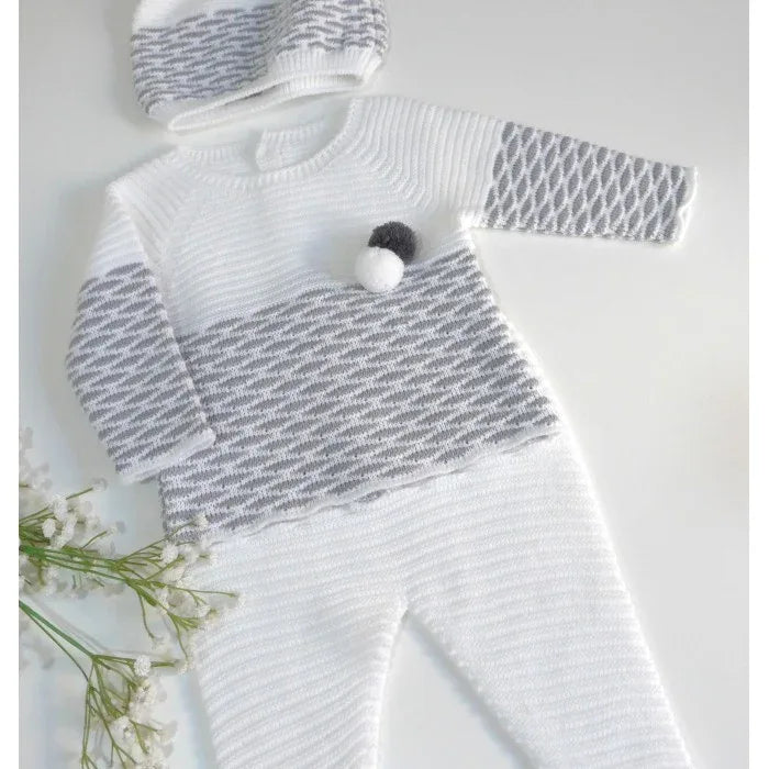 Jubon y polaina blanco y gris con gorrito - PARDALETS