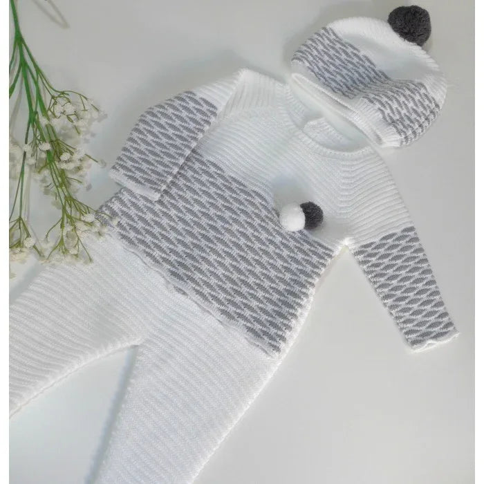 Jubon y polaina blanco y gris con gorrito - PARDALETS