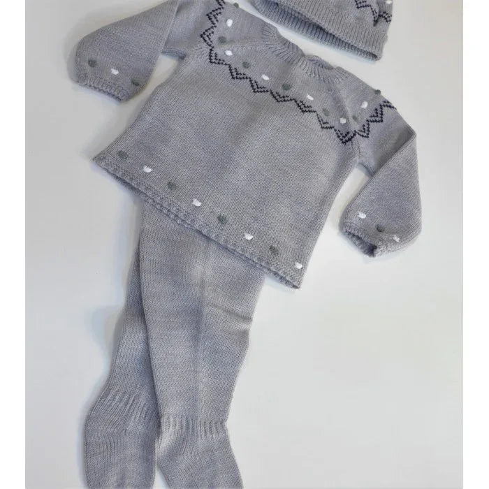 Jubon y polaina gris y topitos bordados con gorro - PARDALETS