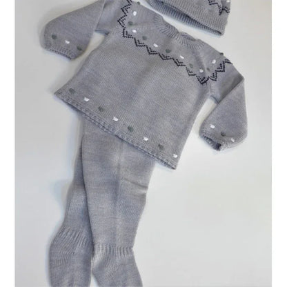 Jubon y polaina gris y topitos bordados con gorro - PARDALETS