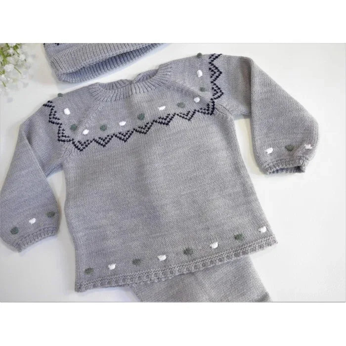 Jubon y polaina gris y topitos bordados con gorro - PARDALETS