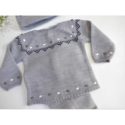 Jubon y polaina gris y topitos bordados con gorro - PARDALETS