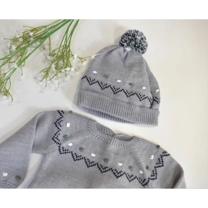 Jubon y polaina gris y topitos bordados con gorro - PARDALETS