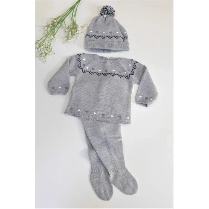 Jubon y polaina gris y topitos bordados con gorro - PARDALETS