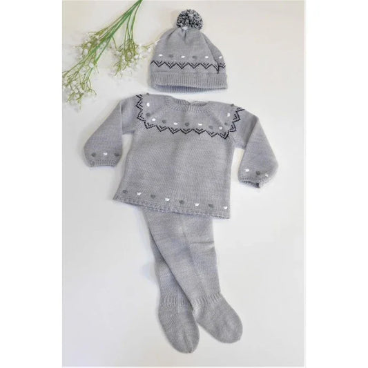 Jubon y polaina gris y topitos bordados con gorro - PARDALETS