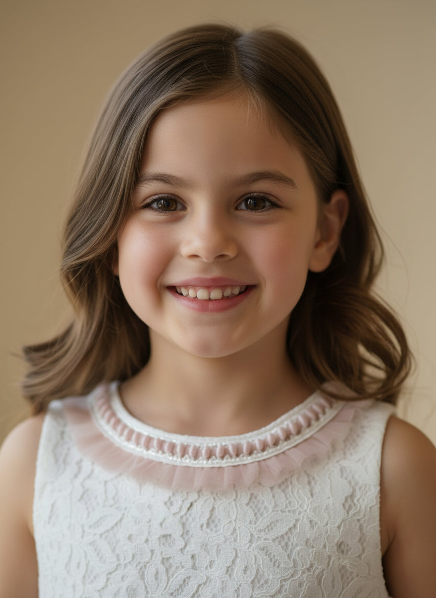 Vestido encaje blanco y falda tul rosa con lazada