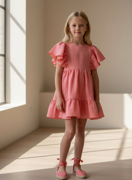 Vestido coral con volantes y espalda abierta