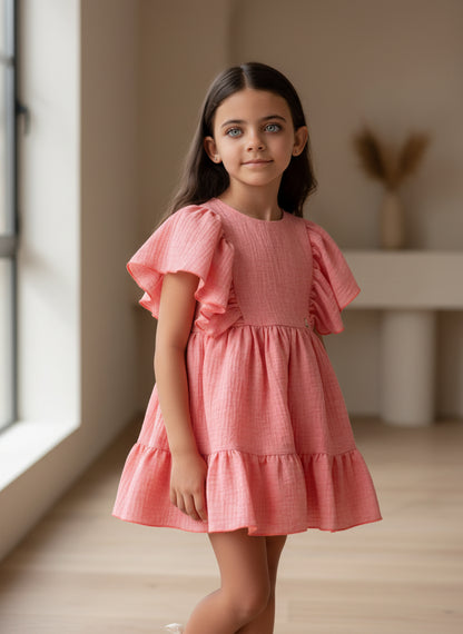 Vestido coral con volantes y espalda abierta