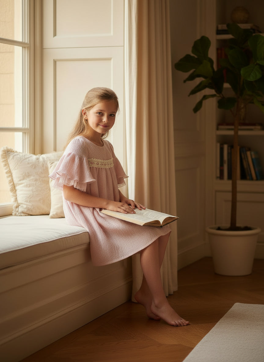 Vestido gasa plisada rosa empolvado "Geisha"