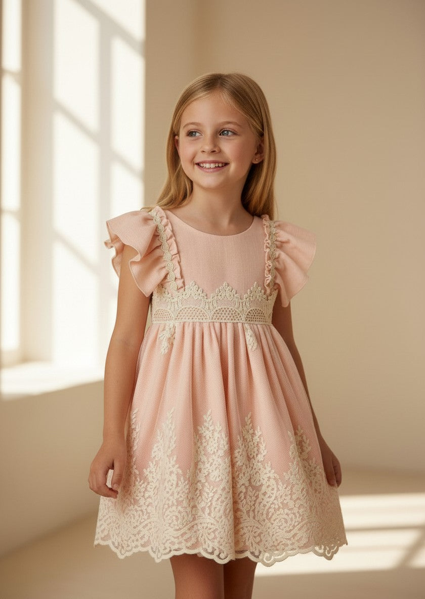 Vestido talle medio salmon con falda tul bordado beig