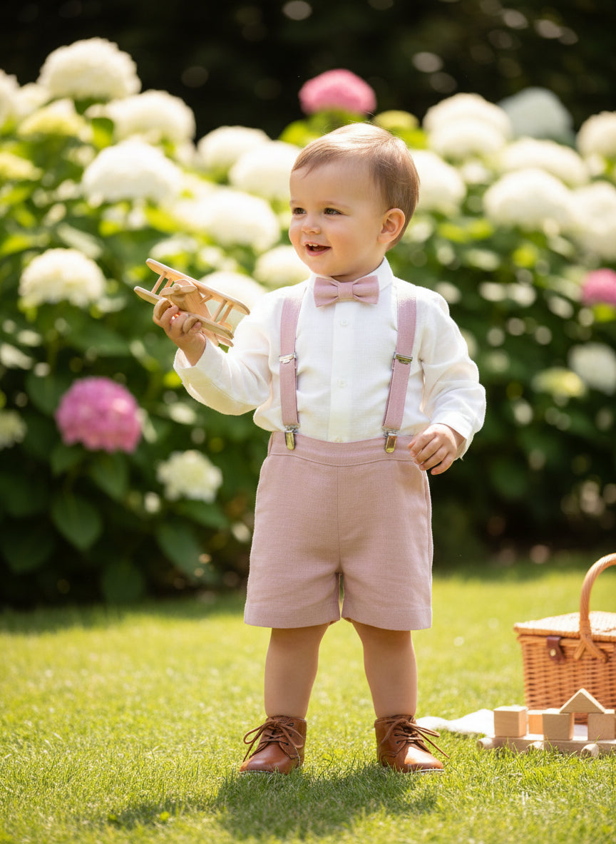 Conjunto camisa, short rosa empolvado, tirantes y pajarita