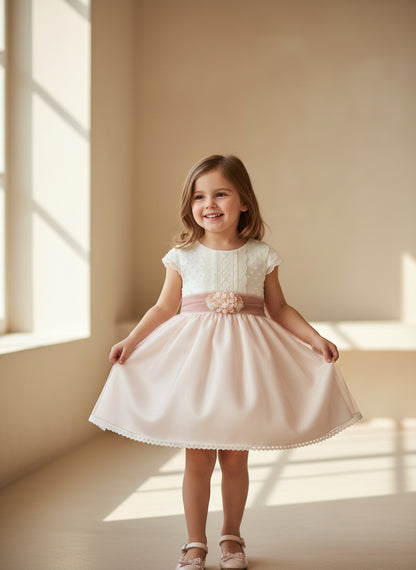 Vestido cuerpo plumeti y falda tul rosa empolvado con broche flores