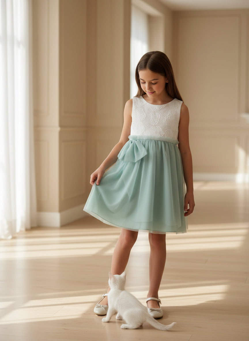 Vestido blanco y tul verde empolvado "Chowa"