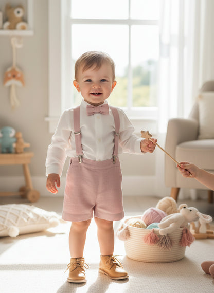 Conjunto camisa, short rosa empolvado, tirantes y pajarita