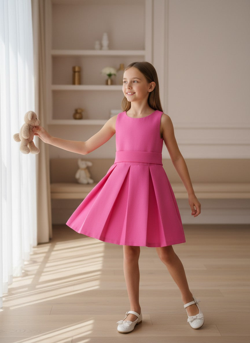 Vestido mikado cuadrille fucsia con lazada