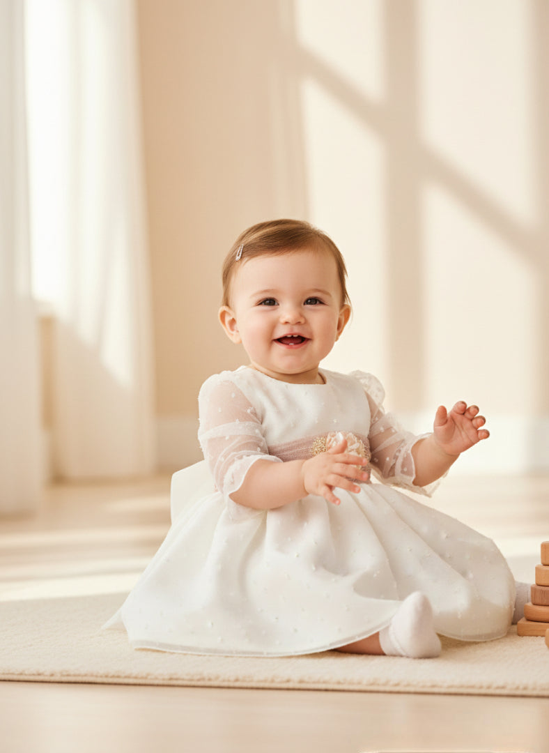 Vestido tul de plumeti y fajín tul rosa empolvado