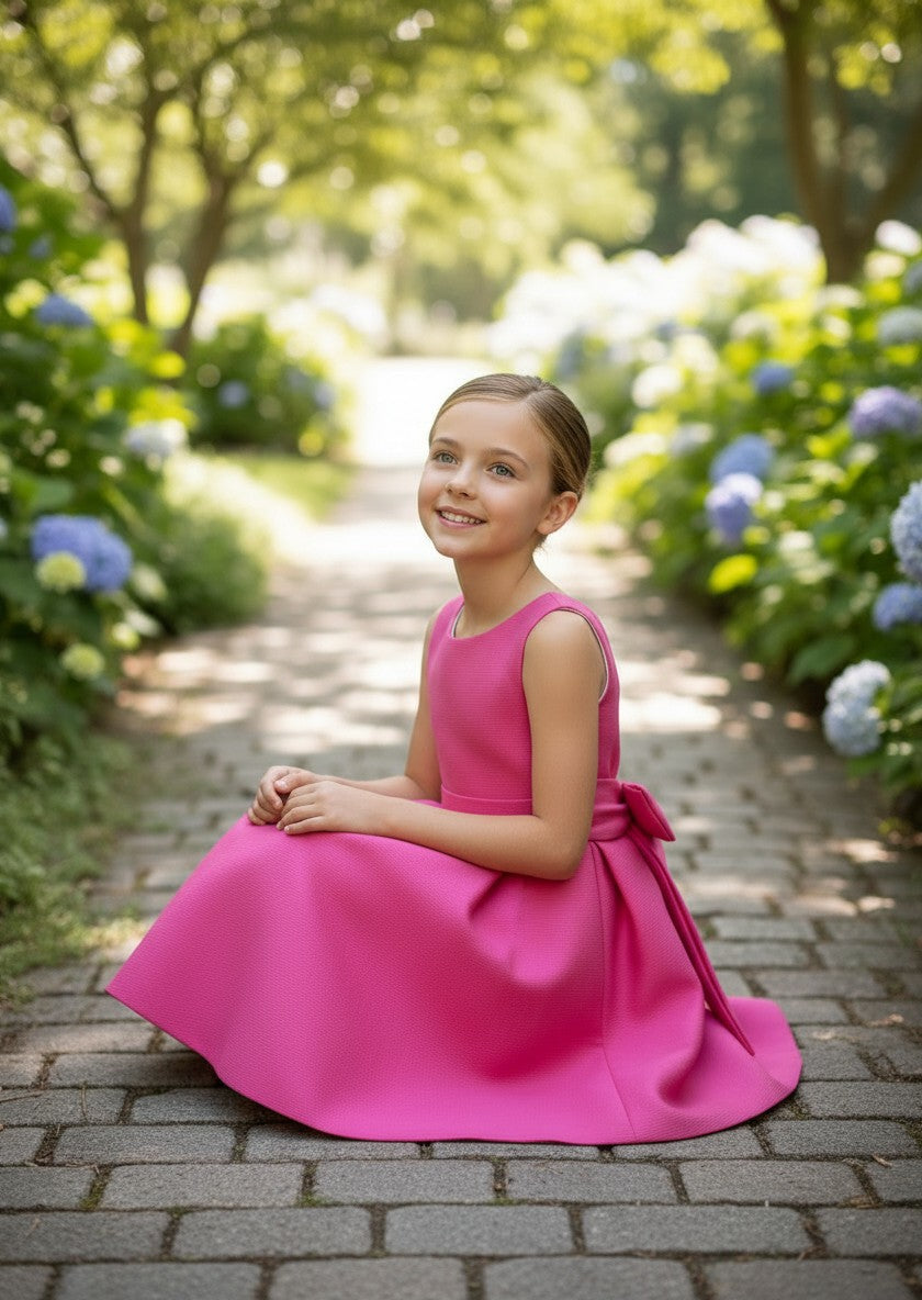 Vestido mikado cuadrille fucsia con lazada