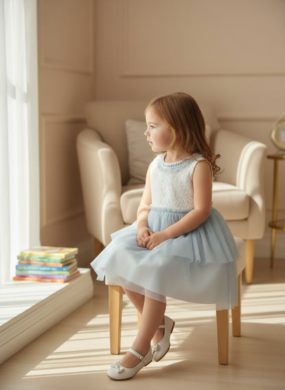 Vestido blanco y tul azul sin mangas