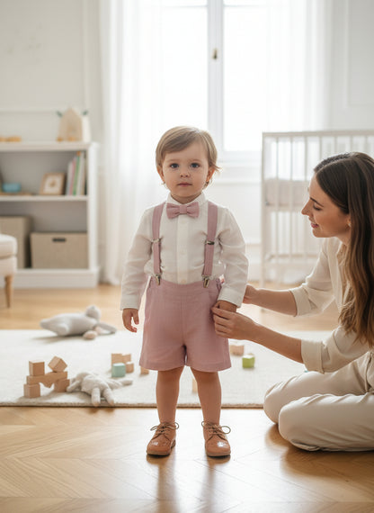 Conjunto camisa, short rosa empolvado, tirantes y pajarita