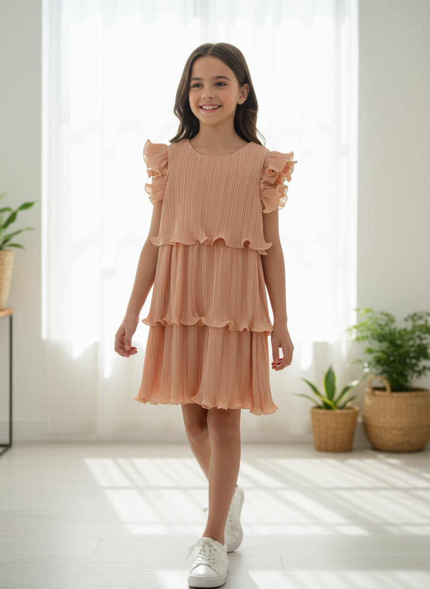 Vestido crepe plisado salmon
