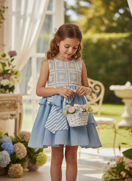 Vestido gasa azul y cuerpo crochet beig "Nagare"