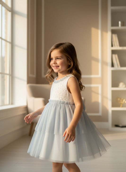 Vestido blanco y tul azul sin mangas