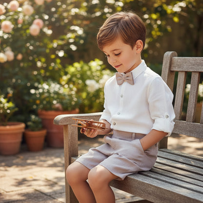 Conjunto camisa lino beig y short lino malva con fajin y pajarita