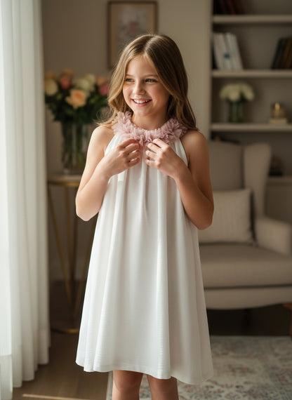 Vestido blanco evase y tul rosa