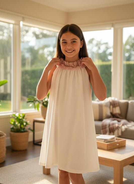 Vestido blanco evase y tul rosa