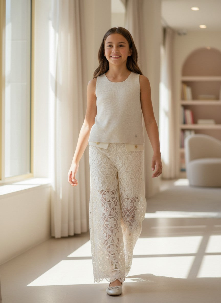 Conjunto top tricot y pantalon guipur beig